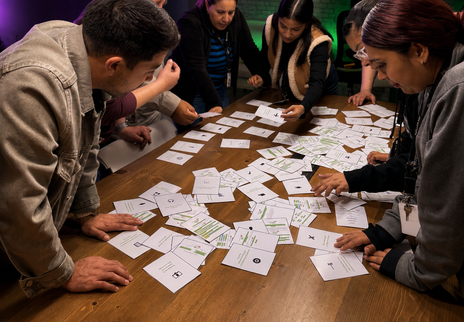 Equipo trabajando con material visual de capacitación Quu